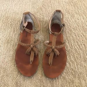 Lucky Brand Suede Leather Cognac color Flat Sandals Sz 7.5 37.5